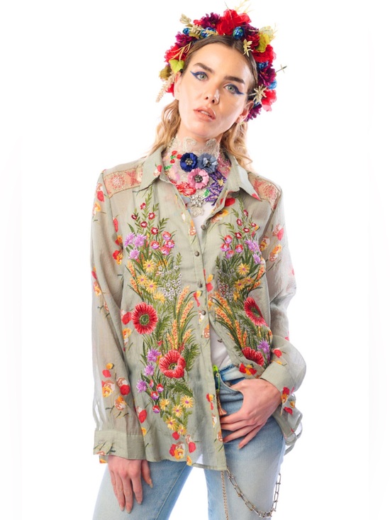 Aratta Tops - AR5 • Aratta Mia Grace Shirt Floral Embroidered Bohemian Button Down Light Olive